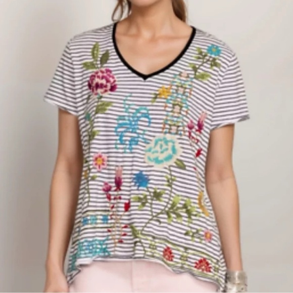 Johnny Was Sheri Everyday Stripe Tee Embroidered Floral - Picture 1 of 9